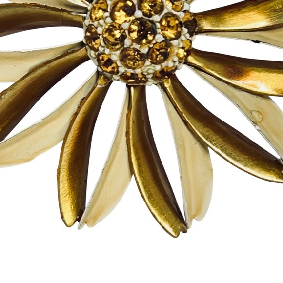 Vintage Gold Tone & Yellow Enamel Flower Brooch W/ Yellow Rhinestones (5733) - Picture 5 of 7
